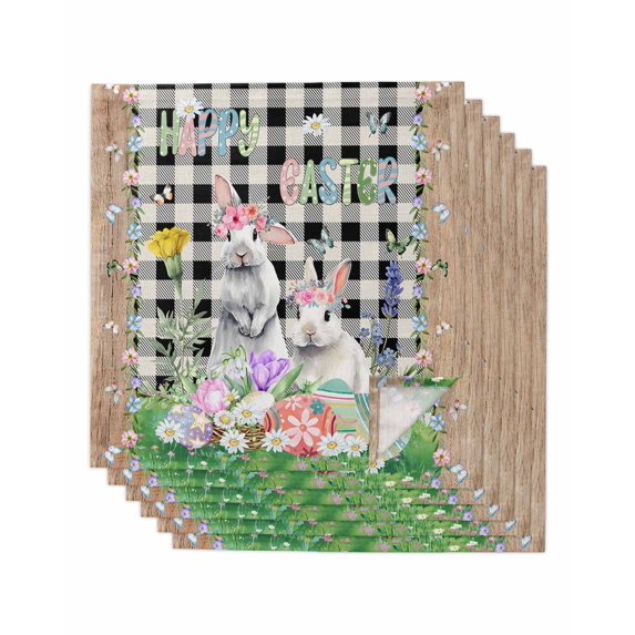 Easter Cloth Napkins Set of 6 Reusable Dinner Napkins, Spring Rabbit Flowers Colorful Eggs Black Lattice Cocktail Napkin Washable Table Napkins for Wedding/Holiday Party/Baby Shower 20"x20"