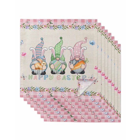 Easter Cloth Napkins Set of 8 Reusable Dinner Napkins, Country Gnomes Rabbit Colorful Eggs Flowers Treill Cocktail Napkin Washable Table Napkins for Wedding/Holiday Party/Baby Shower 20"x20"