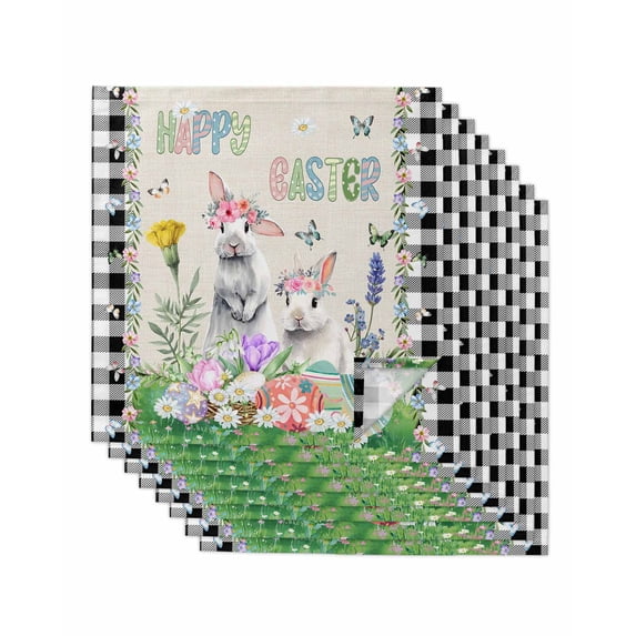 Easter Cloth Napkins Set of 8 Reusable Dinner Napkins, Country Rabbits Eggs Floral Leaves Butterfly Plaid Cocktail Napkin Washable Table Napkins for Wedding/Holiday Party/Baby Shower 20"x20"