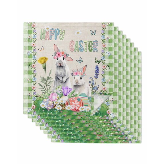 Easter Cloth Napkins Set of 8 Reusable Dinner Napkins, Spring Rustic Rabbit Botanical Flowers Eggs Plaid Cocktail Napkin Washable Table Napkins for Wedding/Holiday Party/Baby Shower 20"x20"