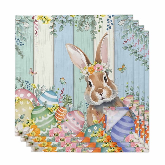 Easter Cloth Napkins, Spring Bunny Colorful Floral Eggs Wooden Plank Washable and Reusable Dinner Napkins Set of 4, Table Napkin for Kitchen Party Birthday Wedding Hotel Housewarming 20"x20"