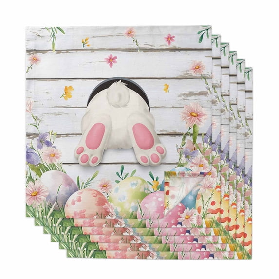 Easter Cloth Napkins, Spring Bunny Feet Eggs Floral Herb Wooden Plank Washable and Reusable Dinner Napkins Set of 6, Table Napkin for Kitchen Party Birthday Wedding Hotel Housewarming 20"x20"
