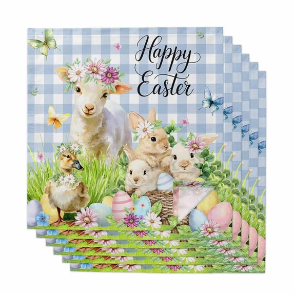 Easter Cloth Napkins, Spring Bunny Sheep Floral Eggs Botanical Blue Check Washable and Reusable Dinner Napkins Set of 6, Table Napkin for Kitchen Party Birthday Wedding Hotel Housewarming 20"x20"