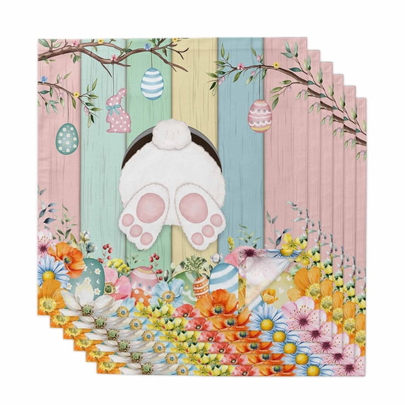 Easter Cloth Napkins, Spring Colorful Bunny Eggs Flower Wood Grain Washable and Reusable Dinner Napkins Set of 6, Table Napkin for Kitchen Party Birthday Wedding Hotel Housewarming 20"x20"