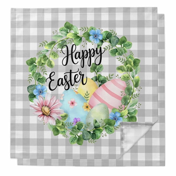 Easter Cloth Napkins, Spring Colorful Eggs Flower Leaf Grey Plaid Checkered Washable and Reusable Dinner Napkins Set of 2, Table Napkin for Kitchen Party Birthday Wedding Hotel Housewarming 20"x20"