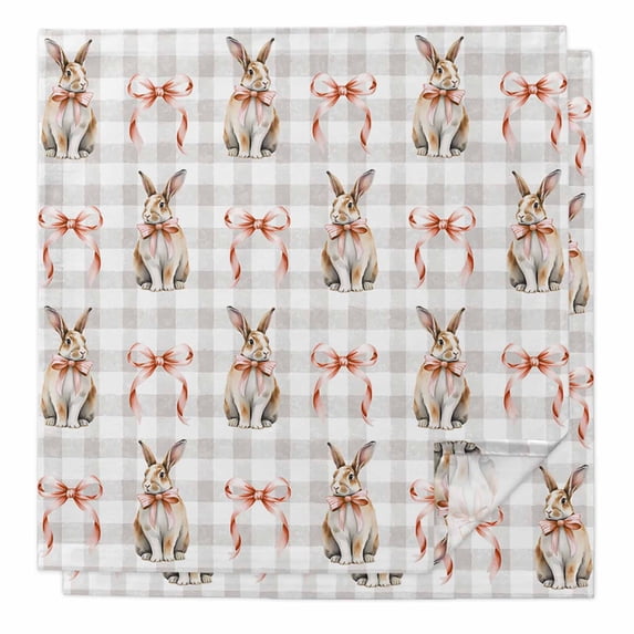 Easter Cloth Napkins, Spring Pink Bow Bunny Grey White Checkered Washable and Reusable Dinner Napkins Set of 2, Table Napkin for Kitchen Party Birthday Wedding Hotel Housewarming 20"x20"
