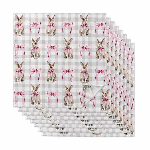 Easter Cloth Napkins, Spring Pink Bow Rabbit Grey White Gingham Plaid Washable and Reusable Dinner Napkins Set of 8, Table Napkin for Kitchen Party Birthday Wedding Hotel Housewarming 20"x20"