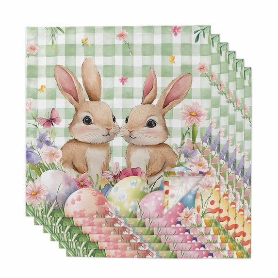 Easter Cloth Napkins, Spring Rabbit Eggs Flower Butterfly Green Plaid Washable and Reusable Dinner Napkins Set of 6, Table Napkin for Kitchen Party Birthday Wedding Hotel Housewarming 20"x20"
