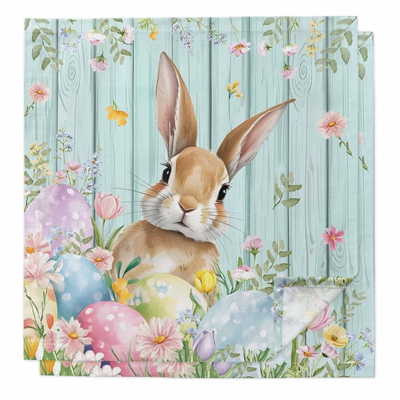 Easter Cloth Napkins, Spring Rabbit Eggs Flowers Leaf Green Wooden Plank Washable and Reusable Dinner Napkins Set of 2, Table Napkin for Kitchen Party Birthday Wedding Hotel Housewarming 20"x20"