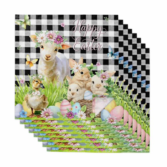 Easter Cloth Napkins, Spring Rabbit Sheep Duck Eggs Plants Black Plaid Washable and Reusable Dinner Napkins Set of 8, Table Napkin for Kitchen Party Birthday Wedding Hotel Housewarming 20"x20"