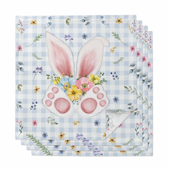 Easter Cloth Napkins, Spring Rabbits Ears Feet Floral Blue Lattice Washable and Reusable Dinner Napkins Set of 4, Table Napkin for Kitchen Party Birthday Wedding Hotel Housewarming 20"x20"