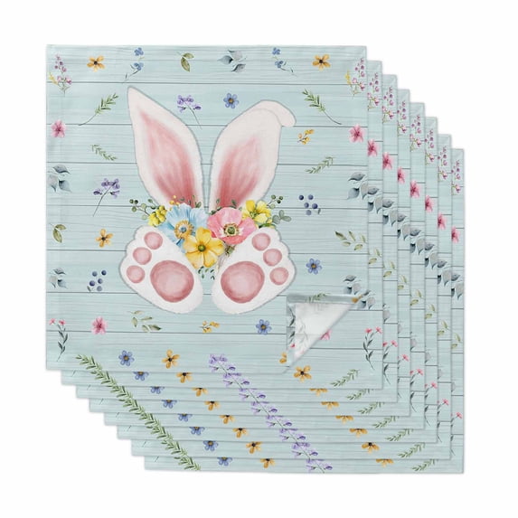 Easter Cloth Napkins, Spring Rabbits Ears Feet Flowers Wooden Grain Washable and Reusable Dinner Napkins Set of 8, Table Napkin for Kitchen Party Birthday Wedding Hotel Housewarming 20"x20"
