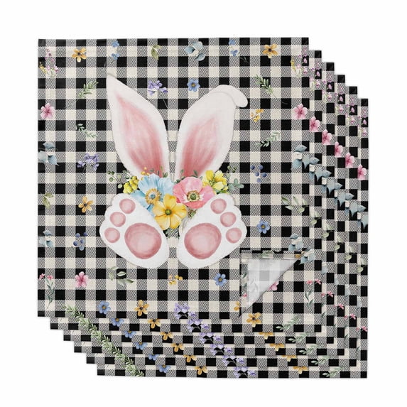 Easter Cloth Napkins, Spring Rabbits Ears Feet Wildflowers Black Plaid Washable and Reusable Dinner Napkins Set of 6, Table Napkin for Kitchen Party Birthday Wedding Hotel Housewarming 20"x20"