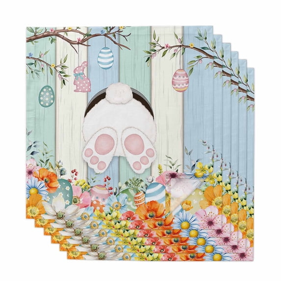 Easter Cloth Napkins, Spring Watercolor Bunny Eggs Wood Grain Teal Blue Washable and Reusable Dinner Napkins Set of 6, Table Napkin for Kitchen Party Birthday Wedding Hotel Housewarming 20"x20"