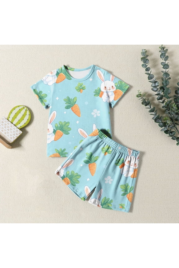 Easter Clothes Set 2 Piece for Boys Girls Bunny Print Short Sleeve T-Shirt and Shorts Set Baby Kids Holiday Soft Loungewear Outfits Set Sky Blue 3-4 Y