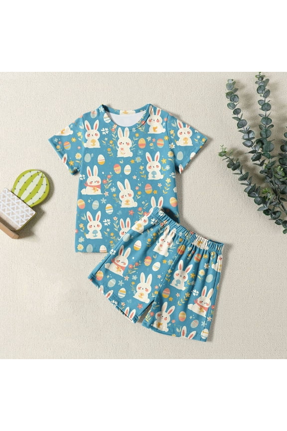 Easter Clothes Set 2 Piece for Boys Girls Bunny Print Short Sleeve T-Shirt and Shorts Set Baby Kids Summer Soft Loungewear Outfits Set Light Blue 7-8 Y