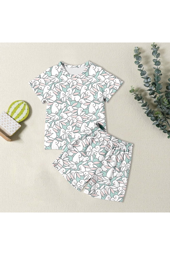 Easter Clothes Set Two Piece for Boys Girls Bunny Print Short Sleeve T-Shirt and Shorts Set Children's Holiday Soft Loungewear Outfits Set White 5-6 Y