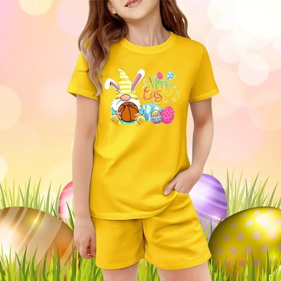 Easter Clothing Set Two Piece for Girls Bunny Print Short Sleeve T-Shirt and Shorts Set Kids Holiday Soft Loungewear Clothes Set Yellow 9-10 Y