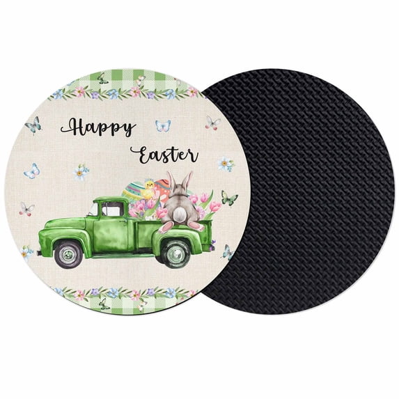 Easter Coasters Set of 2, Absorbent Coasters for Drinks, Spring Truck Rabbit Flowers Eggs Green Check Coaster for Desk Coffee Table Protection, Home Decor House Warming Gifts 4"