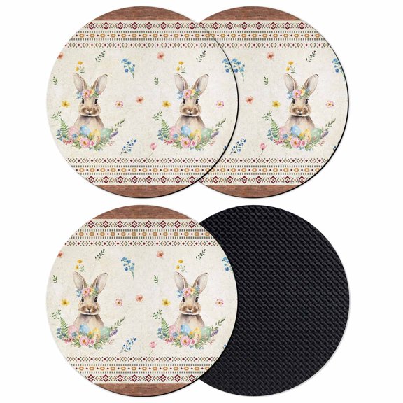 Easter Coasters Set of 4, Absorbent Coasters for Drinks, Boho Ethnic Farmhouse Rabbit Colorful Eggs Patterned Coaster for Desk Coffee Table Protection, Home Decor House Warming Gifts 4"
