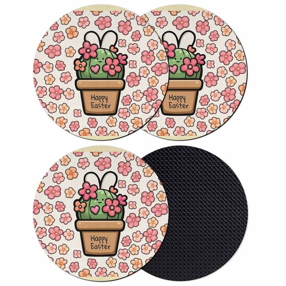 Easter Coasters Set of 4, Absorbent Coasters for Drinks, Bunny Ears Spring Pink Flowers Potted Plant Rustic Coaster for Desk Coffee Table Protection, Home Decor House Warming Gifts 4"