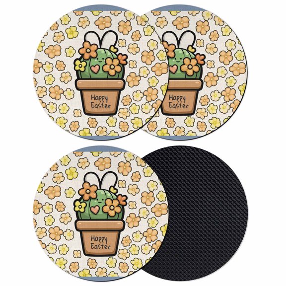 Easter Coasters Set of 4, Absorbent Coasters for Drinks, Bunny Ears Spring Yellow Flowers Potted Plant Rustic Coaster for Desk Coffee Table Protection, Home Decor House Warming Gifts 4"
