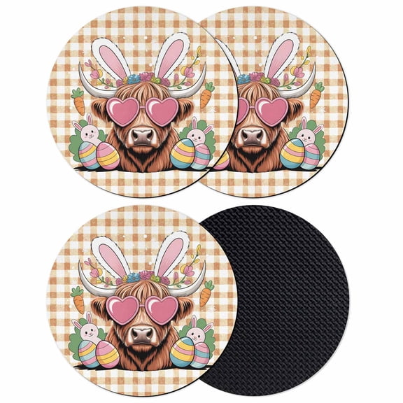 Easter Coasters Set of 4, Absorbent Coasters for Drinks, Farmhouse Spring Bunny Cow Carrots Egg Brown Plaid Coaster for Desk Coffee Table Protection, Home Decor House Warming Gifts 4"