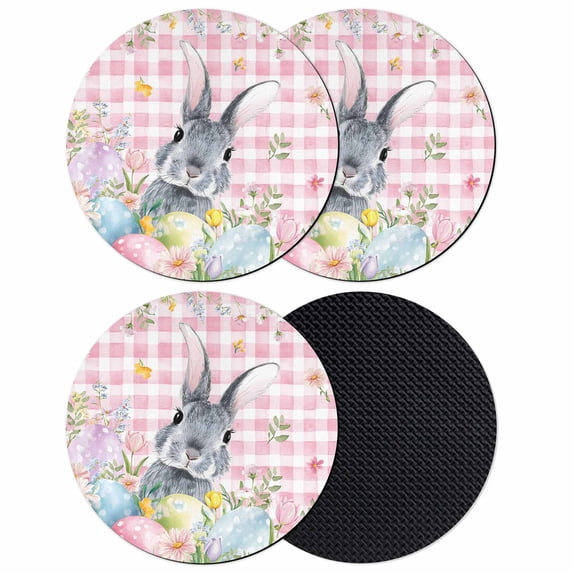 Easter Coasters Set of 4, Absorbent Coasters for Drinks, Spring Rabbit Egg Botanical Flowers Leaf Pink Check Coaster for Desk Coffee Table Protection, Home Decor House Warming Gifts 4"