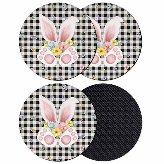 Easter Coasters Set of 4, Absorbent Coasters for Drinks, Spring Rabbits Ears Feet Wildflowers Black Plaid Coaster for Desk Coffee Table Protection, Home Decor House Warming Gifts 4"