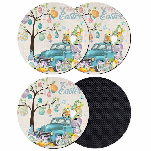 Easter Coasters Set of 4, Absorbent Coasters for Drinks, Turquoise Truck Colorful Eggs Tree Gnomes Rabbit Coaster for Desk Coffee Table Protection, Home Decor House Warming Gifts 4"