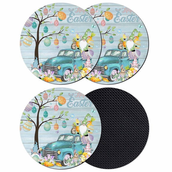 Easter Coasters Set of 4, Absorbent Coasters for Drinks, Turquoise Truck Eggs Gnomes Rabbit Wooden Grain Coaster for Desk Coffee Table Protection, Home Decor House Warming Gifts 4"