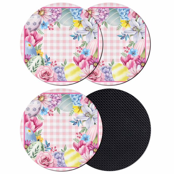 Easter Coasters Set of 4, Absorbent Coasters for Drinks, Watercolor Eggs Floral Leaves Botanical Pink Plaid Coaster for Desk Coffee Table Protection, Home Decor House Warming Gifts 4"
