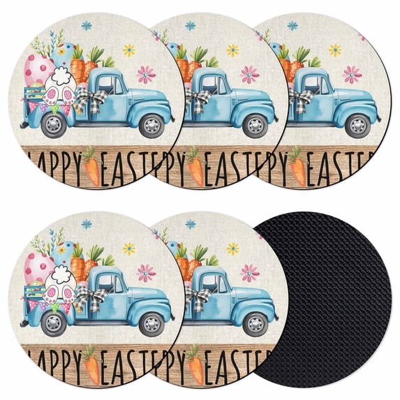 Easter Coasters Set of 6, Absorbent Coasters for Drinks, Blue Truck Eggs Bunny Vintage Art Coaster for Desk Coffee Table Protection, Home Decor House Warming Gifts 4"
