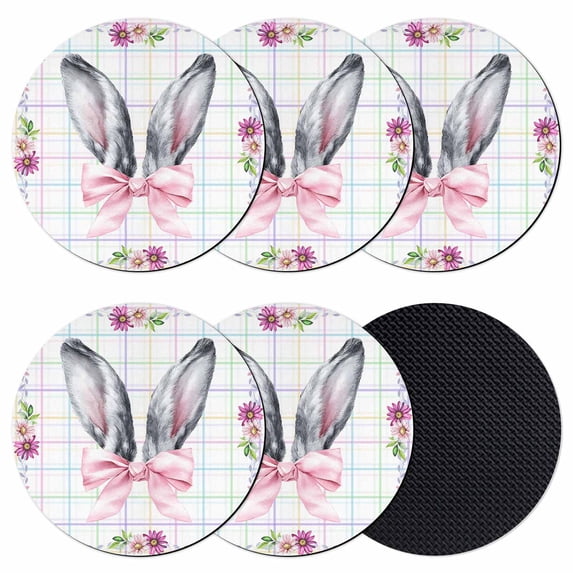 Easter Coasters Set of 6, Absorbent Coasters for Drinks, Cute Rabbits Ears Bow Daisy Flower Watercolor Plaid Coaster for Desk Coffee Table Protection, Home Decor House Warming Gifts 4"