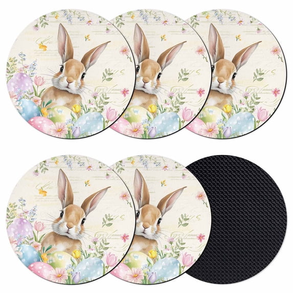 Easter Coasters Set of 6, Absorbent Coasters for Drinks, Pastoral Spring Bunny Eggs Botanical Flowers Leaf Coaster for Desk Coffee Table Protection, Home Decor House Warming Gifts 4"