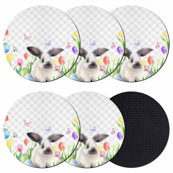 Easter Coasters Set of 6, Absorbent Coasters for Drinks, Spring Botanical Rabbit Butterfly Floral Grey Plaid Coaster for Desk Coffee Table Protection, Home Decor House Warming Gifts 4"