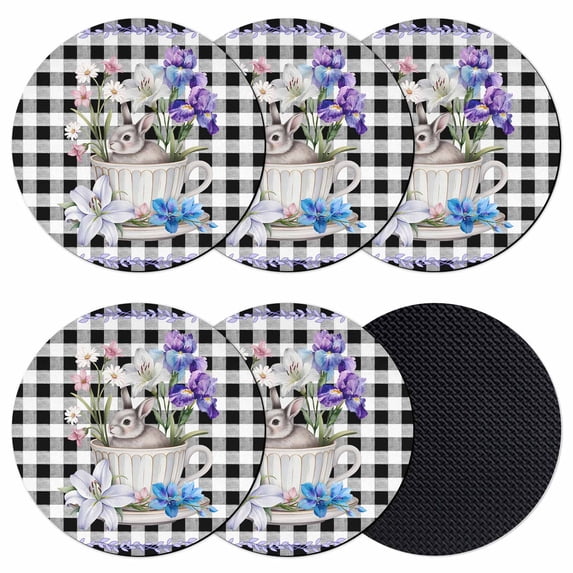 Easter Coasters Set of 6, Absorbent Coasters for Drinks, Spring Bunny Botanical Blooms Flowers Black Plaid Coaster for Desk Coffee Table Protection, Home Decor House Warming Gifts 4"
