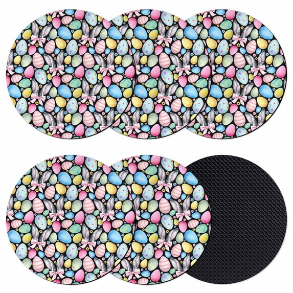 Easter Coasters Set of 6, Absorbent Coasters for Drinks, Spring Colorful Eggs Bunny Flower Plant Black Coaster for Desk Coffee Table Protection, Home Decor House Warming Gifts 4"