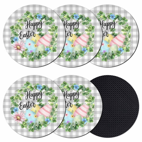 Easter Coasters Set of 6, Absorbent Coasters for Drinks, Spring Colorful Eggs Flower Leaf Grey Plaid Checkered Coaster for Desk Coffee Table Protection, Home Decor House Warming Gifts 4"