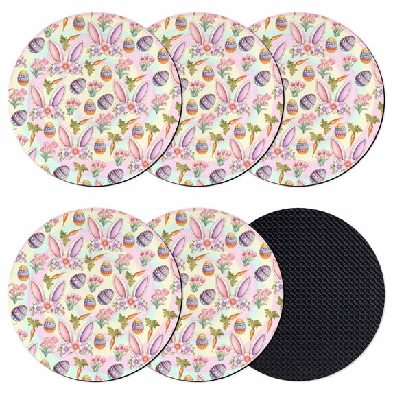 Easter Coasters Set of 6, Absorbent Coasters for Drinks, Spring Colorful Rabbit Ears Eggs Flowers Carrots Coaster for Desk Coffee Table Protection, Home Decor House Warming Gifts 4"