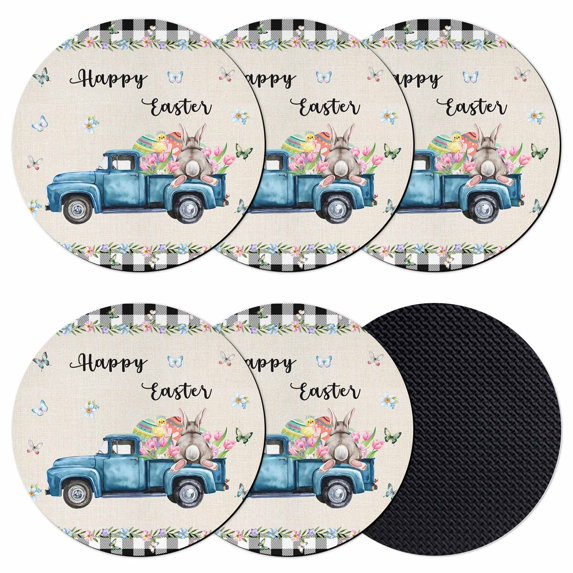 Easter Coasters Set of 6, Absorbent Coasters for Drinks, Spring Farmhouse Truck Rabbit Eggs Floral Plaid Coaster for Desk Coffee Table Protection, Home Decor House Warming Gifts 4"