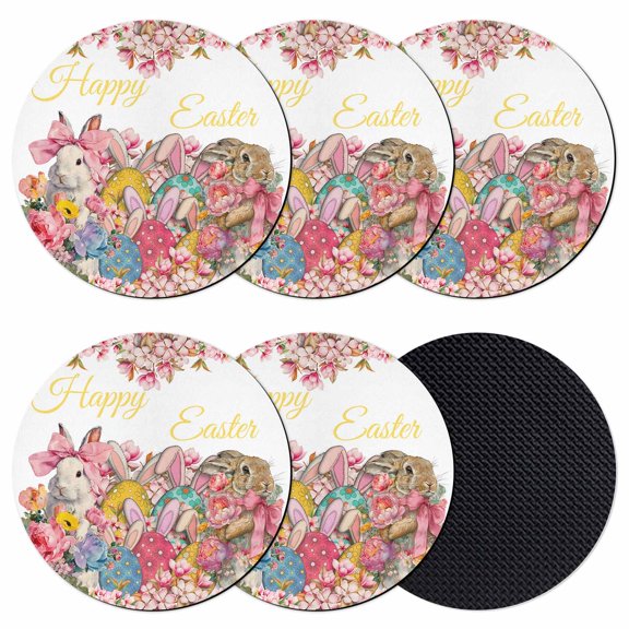 Easter Coasters Set of 6, Absorbent Coasters for Drinks, Spring Floral Watercolor Easter Eggs Bunny Flower Bow Coaster for Desk Coffee Table Protection, Home Decor House Warming Gifts 4"