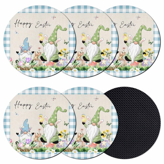 Easter Coasters Set of 6, Absorbent Coasters for Drinks, Spring Gnomes Bunny Butterfly Duck Floral Plaid Coaster for Desk Coffee Table Protection, Home Decor House Warming Gifts 4"