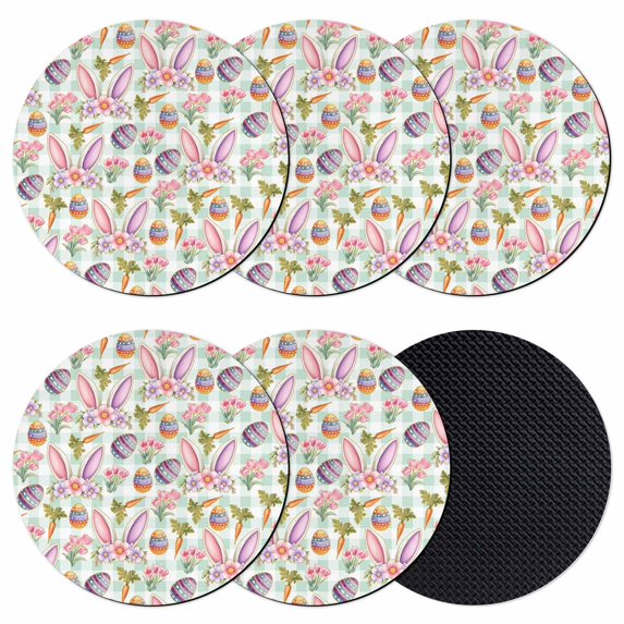 Easter Coasters Set of 6, Absorbent Coasters for Drinks, Spring Rabbit Ears Eggs Carrots Floral Green Plaid Coaster for Desk Coffee Table Protection, Home Decor House Warming Gifts 4"