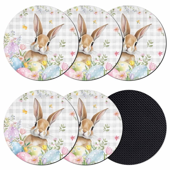 Easter Coasters Set of 6, Absorbent Coasters for Drinks, Spring Rabbit Eggs Blooms Flowers Leaf Grey Plaid Coaster for Desk Coffee Table Protection, Home Decor House Warming Gifts 4"