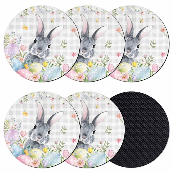 Easter Coasters Set of 6, Absorbent Coasters for Drinks, Spring Rabbit Eggs Flowers Leaves Grey Plaid Coaster for Desk Coffee Table Protection, Home Decor House Warming Gifts 4"