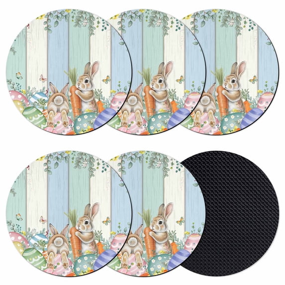 Easter Coasters Set of 6, Absorbent Coasters for Drinks, Spring Rabbit Eucalyptus Leaves Eggs Wooden Coaster for Desk Coffee Table Protection, Home Decor House Warming Gifts 4"