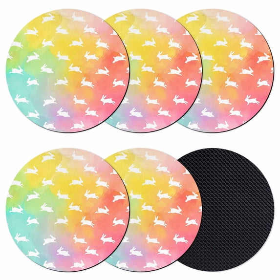 Easter Coasters Set of 6, Absorbent Coasters for Drinks, Spring Rabbits Silhouette Rainbow Ombre Art Coaster for Desk Coffee Table Protection, Home Decor House Warming Gifts 4"