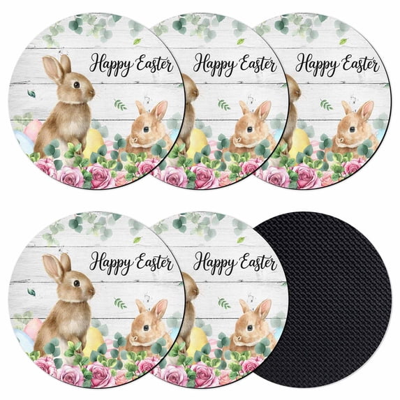 Easter Coasters Set of 6, Absorbent Coasters for Drinks, Spring Watercolor Bunny Eggs Flower Leaf Wooden Grey Coaster for Desk Coffee Table Protection, Home Decor House Warming Gifts 4"