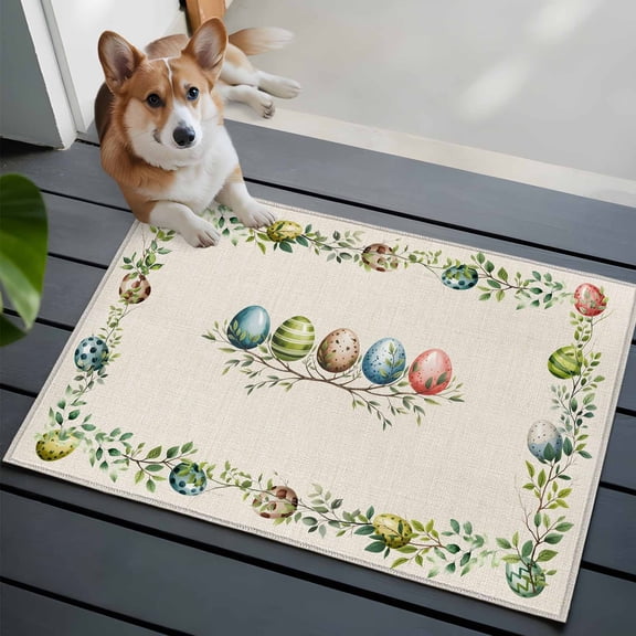 Easter Colored Egg Front Door Rugs 2x3 ft Green Leaf Blue Egg Plants Spring Vintage Linen Small Rug for Entryway Non Slip Washable Bathroom Door Mat Absorbent Floor Mat for Indoor Entrance